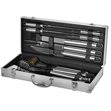 Stainless Steel BBQ Grill Accessories: 10 Piece Utensil Tool Set for Indoor Outdoor Cooking - Includes Spatula, Tongs, Brush & Carving Knife - The Perfect Gift