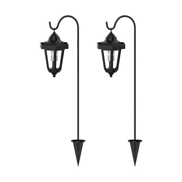 Pure Garden Solar Powered Lights-Set of 2, 32” Hanging Coach Lanterns with 2 Shepherd Hooks-LED Outdoor Lighting for Gardens, Pathways, and Patio