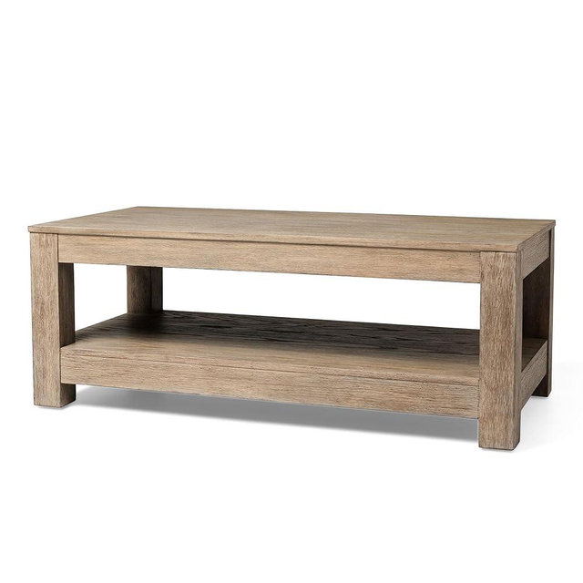 Maven Lane Paulo Large 2 Tier Rustic Rectangle Wooden Center Coffee Table with Shelf Storage for Living Room in Weathered Grey Finish