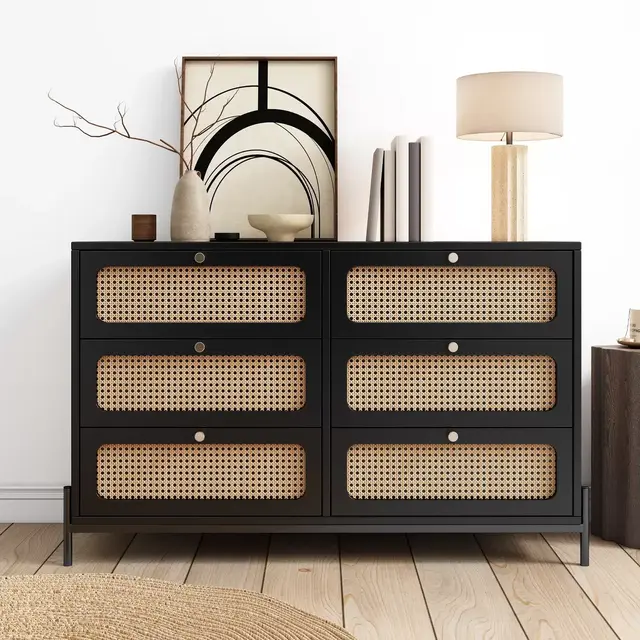 47" Modern Rattan Wood 6-Drawer Dresser, Storage Cabinet Sideboard for Bedroom, Living Room, Entryway, Hallway, Black 4M - ModernLuxe