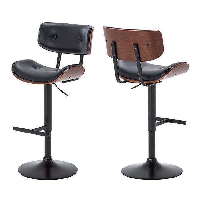 BELLEZE Set of (2) Contemporary Tufted Upholstered Swivel Hydraulic Adjustable Height Walnut Bar Stool, Black