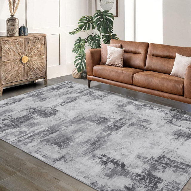 Non Slip Pebble Velvet Washable Mat, Abstract Color Block Contrast Modern Style Rugs Gray 5*7ft