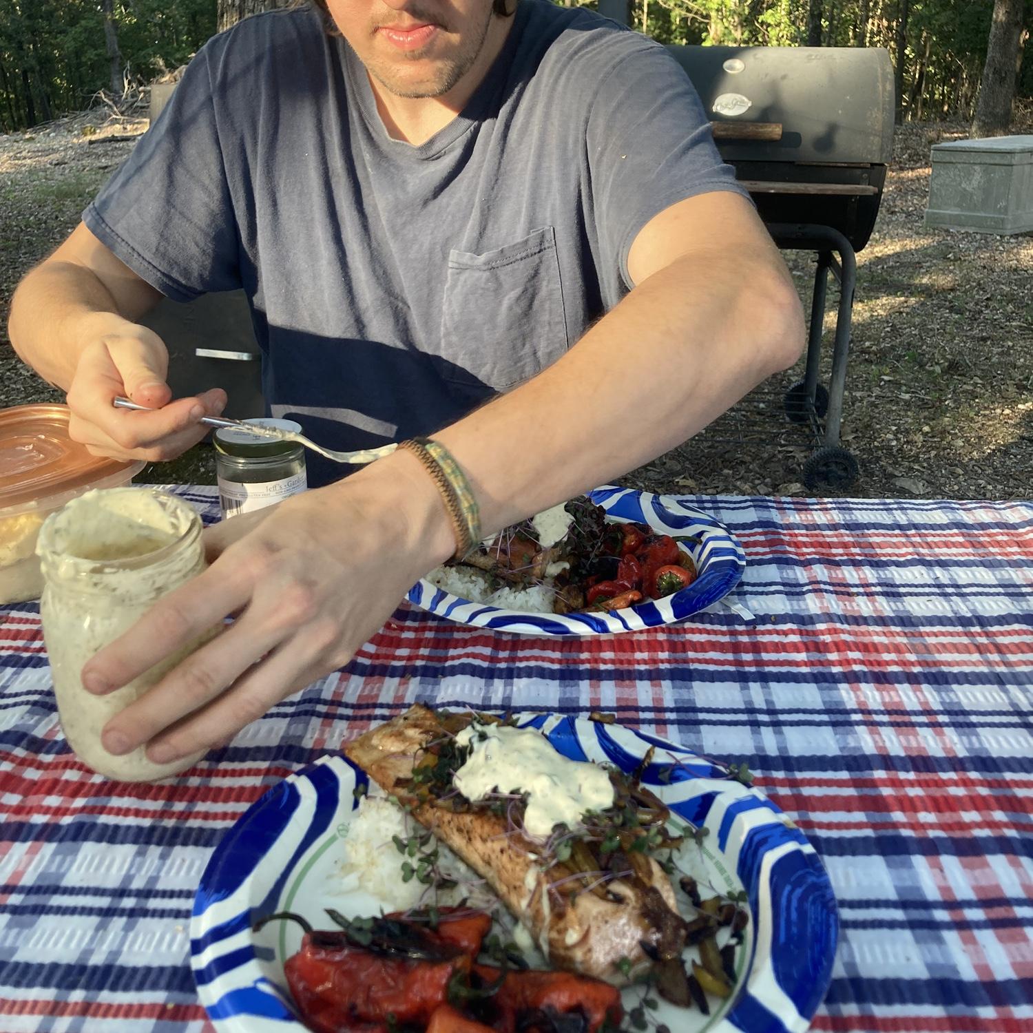 Summer lunch on the picnic table!!! I was experimenting with making homemade mayo