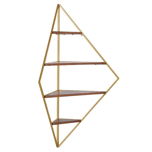 Kate and Laurel Melora Mid-Century Modern Corner Shelf; 24 x 38 x 17; Walnut and Gold; Glamorous Floating Corner Shelving with Four Shelves and Unique Geometric Shape