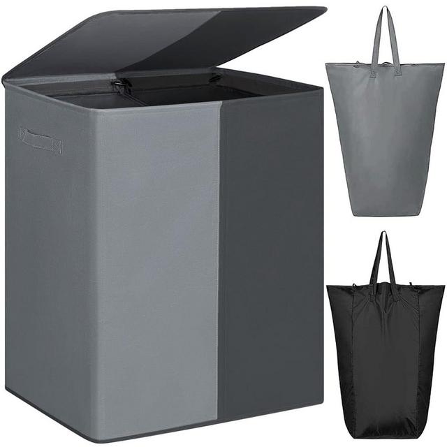 WOWLIVE Double Laundry Baseket with Lid and Removable Laundry Bags,154L Large Laundry Hamper 2 Section Collapsible Dirty Clothes Hamper with Handles for Laundry Room, Dorm,Bathroom, Black and Grey