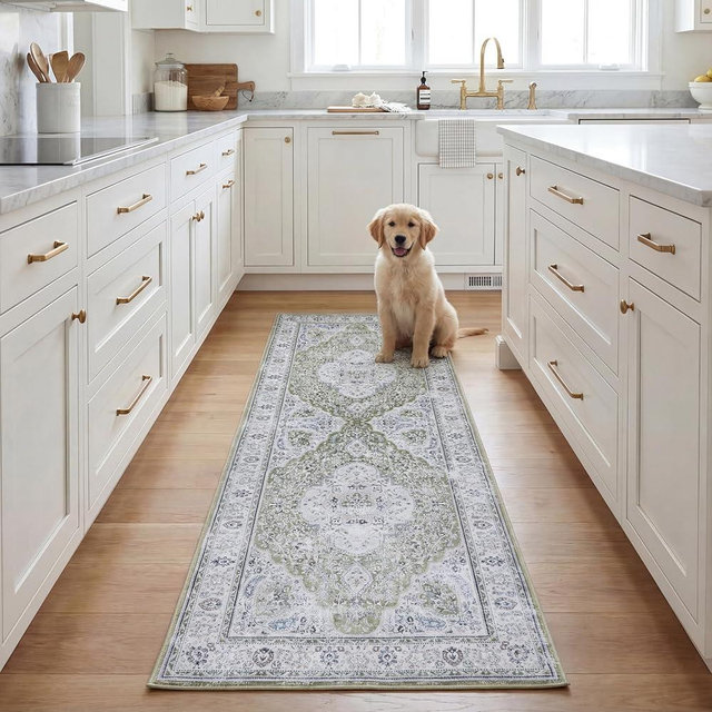 SAFAVIEH Washable Rug Tucson Collection - 2'6" x 10' Runner, Green & Beige, Slip Resistant & Easy to Clean, Ideal for Living Room, Bedroom, Dining Space (TSN136Y)