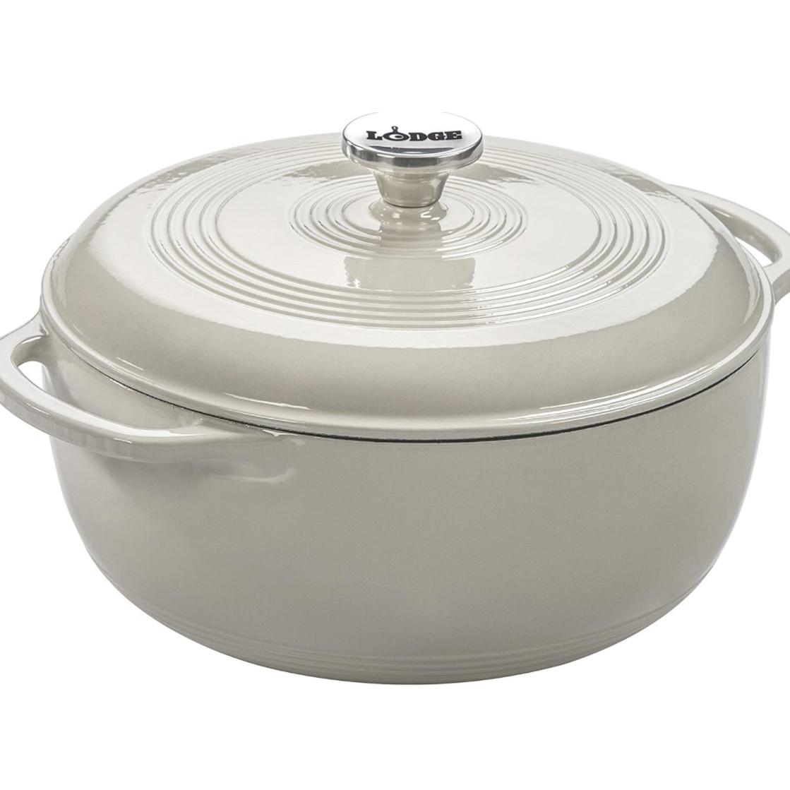 Lodge 6 Quart Enameled Cast Iron Dutch Oven with Lid – Dual Handles – Oven Safe up to 500° F or on Stovetop - Use to Marinate, Cook, Bake, Refrigerate and Serve – Oyster White