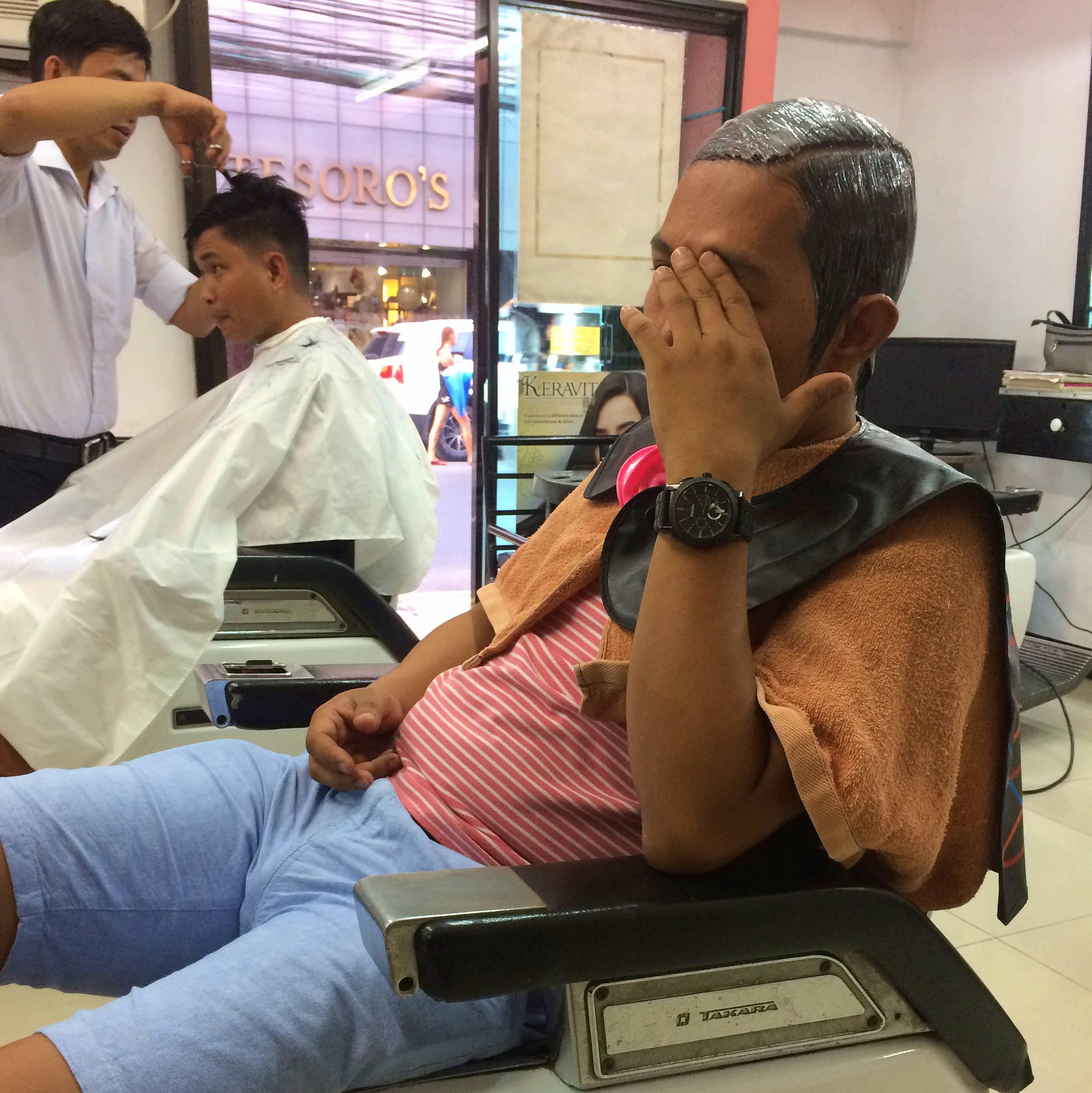 Courting time. After months of persuasion, he agreed to have his hair straightened. For the first time!