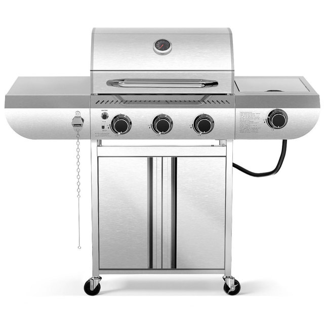 R.W.FLAME 3 Burner Plus Side Burner Stainless Steel BBQ Grill with 34000 BTU Output Pulse Ignition and Universal Wheels