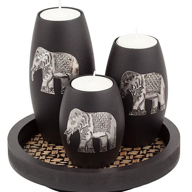 IYARA CRAFT Tealight Candle Holders with Candle Tray Set of 3 Decorative Candle Holders Matte Wood Finish with Inlaid Aluminum Antique Elephant Intricate Details