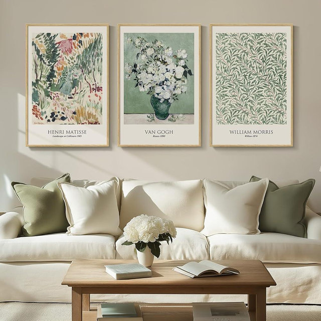 Large Framed Matisse Vintage Sage Green Wall Art for Living Room - Set of 3 Piece Matisse Canvas Prints Botanical Floral Artwork William Morris Plant Painting Picture for Hallway Home Office 24x36 In