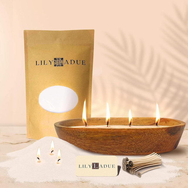 LILY LADUE Sand Candle Kit - 1Lb/16Oz Pearled Candles Sand and Wicks (24) with Wood Holder, Unscented Aroma Beads, Reusable Pearled Candle Wax for DIY Home Kit, Powder Beads Refill Available