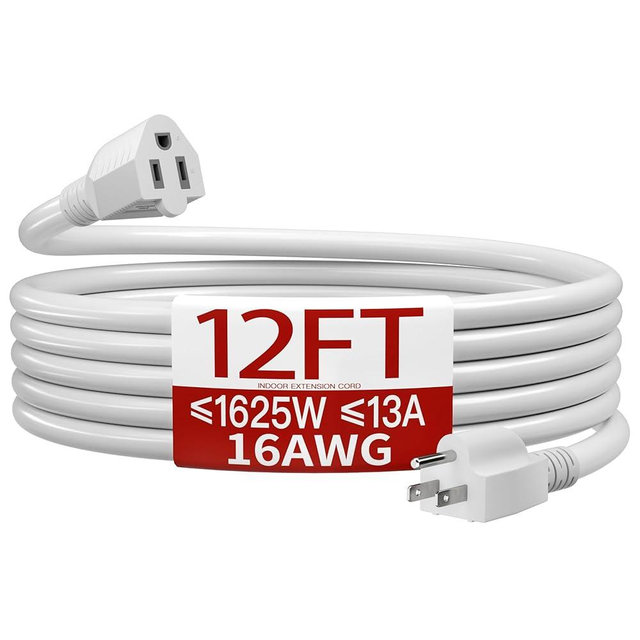 16/3 Indoor Extension Cord 12 FT, White Extension Cord Flexible & Durable, 3 Prong Power Cable, Suitable for Home and Office, 13 Amp 1625 Watt 125VAC 16AWG, ETL Listed