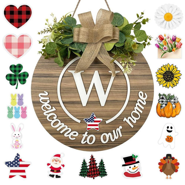 Interchangeable Seasonal Monogram Letter W Welcome Sign Front Door Decor Wooden Wreaths for Front Door Wreath Rustic Initial House Warming Porch Wall Home Decorations for All Seasons
