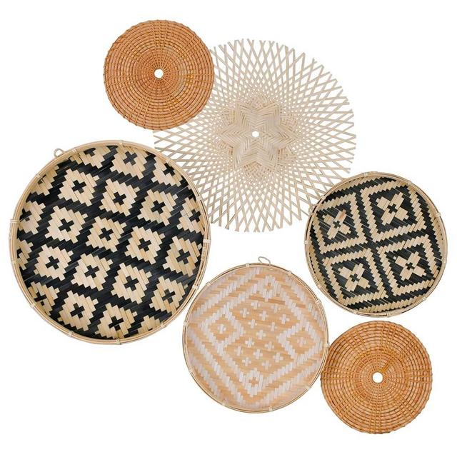 Set of 6 Hanging 𝗪𝗮𝗹𝗹 𝗕𝗮𝘀𝗸𝗲𝘁 𝗗𝗲𝗰𝗼𝗿, Woven Boho Wall Baskets - Natural Bamboo, Rattan, and Wicker Decor - Versatile Round Wall Decor for Home, Ideal Housewarming Gift