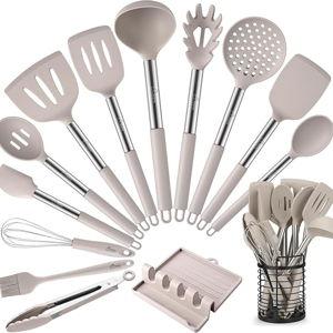 Silicone Kitchen Utensils, Cooking Utensil Set, Spatula Set, BPA Free, Kitchen Gadgets, With Stainless Steel Utensils Holder, Dishwasher Safe 14pcs Khaki