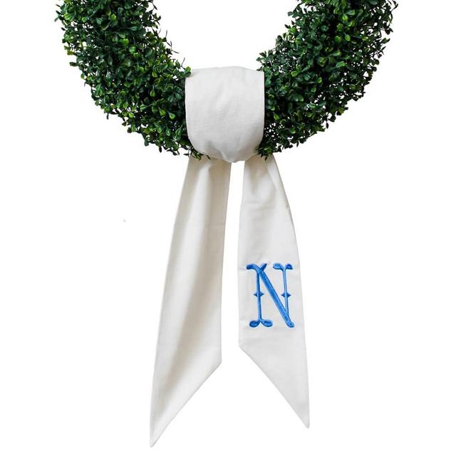 Monogram Wreath Sash for Front Door, White Embroidered Linen Wreath Sash, Porch Accessory for Xmas Party Yard, Wedding, and Boxwood Decoration, Indoor Outdoor Décor - (N)