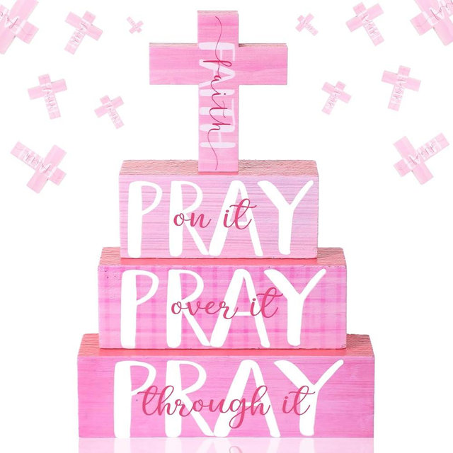 GlikCeil 4 Pcs Pray Inspirational Decorations Pink Religious Gifts for Women Christian Wooden Table Block Signs Inspirational Pray Cross Tiered Tray Decor for Women Prayer Room Office Desk Accessories