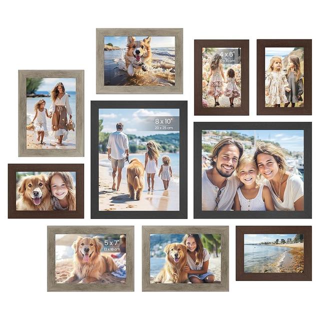 SONGMICS Picture Frames, Collage Picture Frames Set of 10, Two 8x10, Four 5x7, Four 4x6, Photo Frame for Wall Gallery Decor, Table Display, Glass, Maroon Brown, Heather Greige, Ash Black