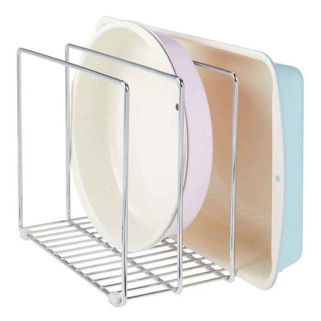 mDesign Metal Wire Cookware Organizer Rack for Kitchen Cabinet, Pantry and Shelves - Organizer Holder with 3 Slots for Cookie Trays, Muffin Tins, Bread Pans, Cutting Boards, Baking Stones - Chrome