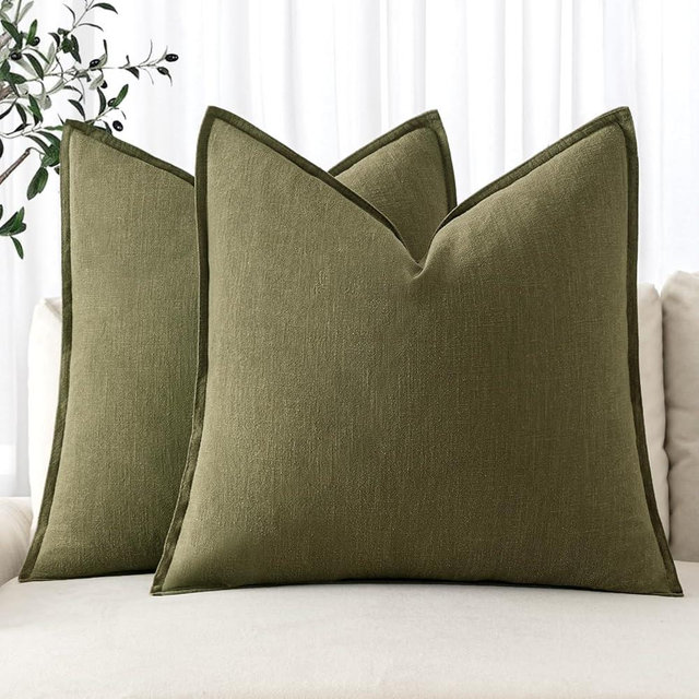 MIULEE Decorative Linen Pillow Covers 26x26 Inch Olive Green ​Boho Farmhouse​ ​Neutral Couch Throw Pillows for Bed Pack of 2 Accent Pillowcase Spring Modern Sofa Cushion Livingroom Home Decor