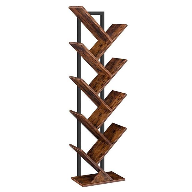 HOOBRO Tree Bookshelf, 9-Tier Bookcase Wooden Shelves, Floor Standing Storage Rack, for Display of CDs, Books in Living Room, Home Office, Rustic Brown BF08SJ01