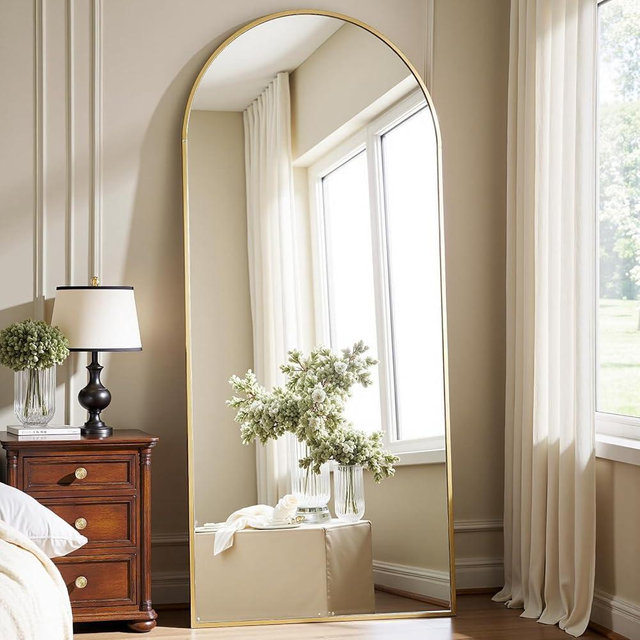 Dewfig Arched Gold Full Length Mirror, 57"X20", Large Floor Mirrors with Stand, Full Body Mirror Standing Mirrors for Leaning or Hanging Bedroom, Living Room,Dressing Room, Aluminum Alloy Frame, Gold