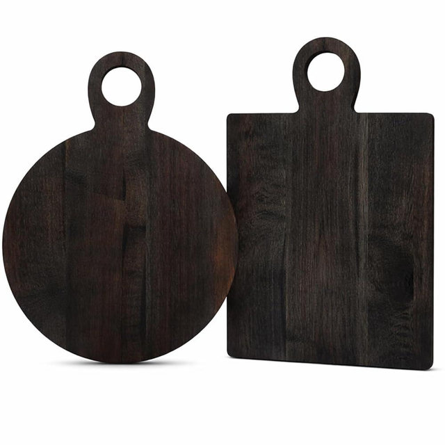 Yiyiring 2 Pcs Acacia Wood Cutting Board with Handle 16'' Square and Round Charcuterie Chopping Board for Pizza Cheese Meat Decorative Black Wooden Serving Tray for Kitchen and Dining Room