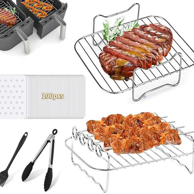 Lebreary Ninja Dual Air Fryer Accessories, 2Pcs Air Fryer Rack, BBQ Rack with 4 Skewers, for Ninja Foodi DZ201 DZ401 and Ninja 8QT-10QT Air Fryers, 100 Paper Liners - 5Pcs Set