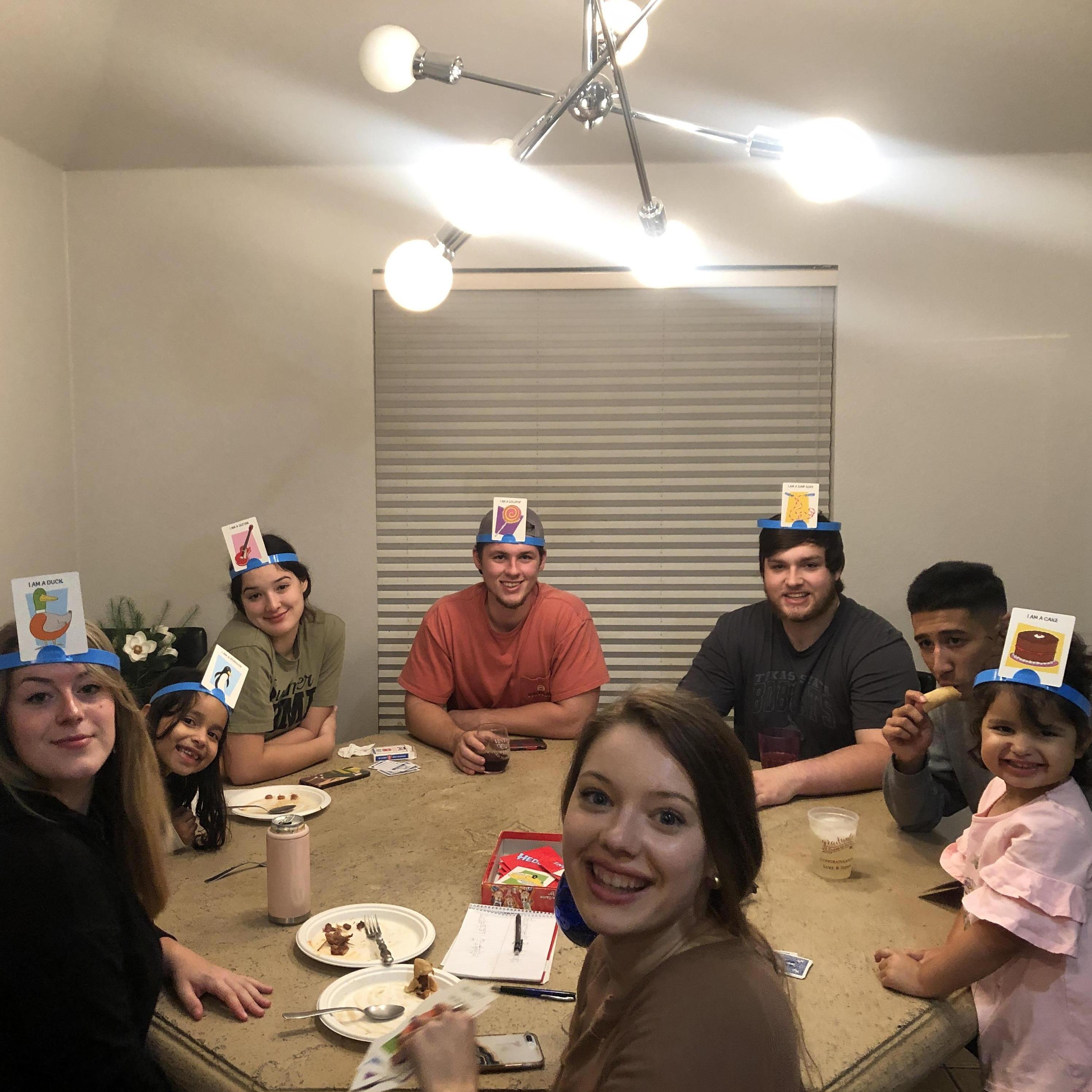 A game of Headbandz with family and friends!