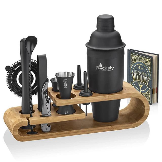 Mixology Bartender Kit and Cocktail Shaker Set for Drink Mixing | Mixology Set with 10 Bar Set Tools and Bamboo Stand Makes It the Perfect Home Cocktail Kit | Complete Bartender Tool Kit (Black)