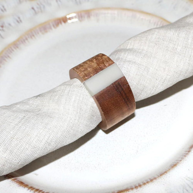 Wooden Napkin Rings Set of 8 for Dinning Table Decor - Acacia Wood Resin Napkin Holde for Cloth Napkin (Round Shape,Ivory Color)