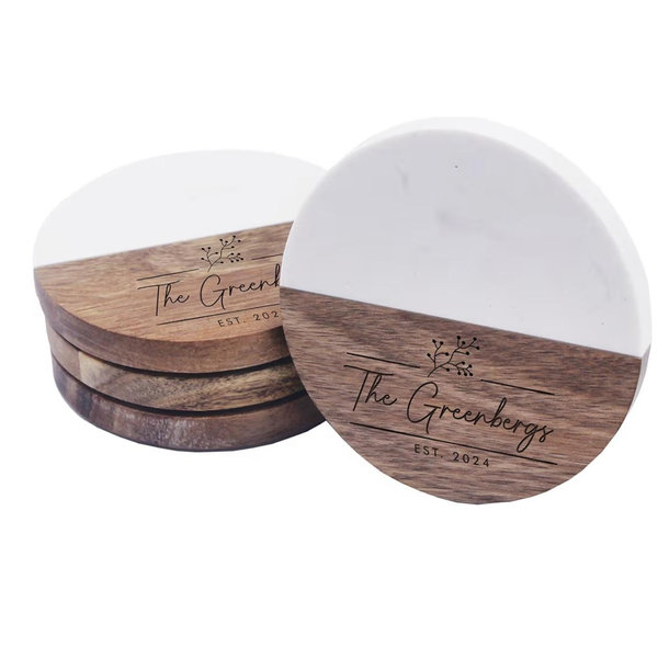 The Wedding Party Store Custom Personalized Marble, Slate and Acacia Bar Coasters for Drinks, Wedding Gift for Couples (Round Marble and Acacia)