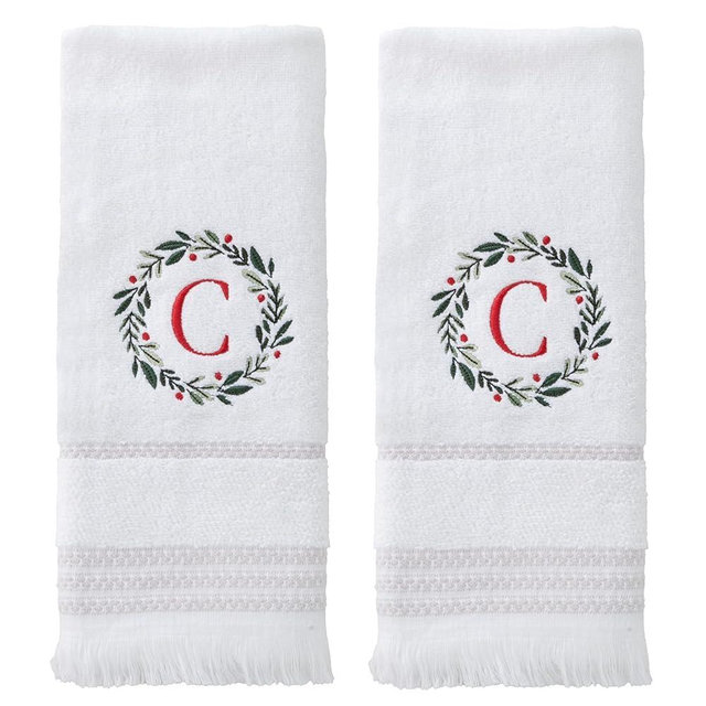 SKL Home Christmas/Winter Wreath Monogram Hand Towel C 2pc Set for Bath/Kitchen/Bar & Gift, White
