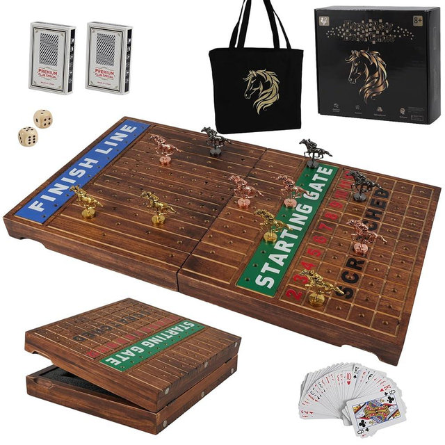 Grhonior Wooden Finish Line Horse Racing Board Game Equipped with 11 Luxury Metal Craft Horses Adult Chessboard Including 2 Sets of Dice and 2 Boxes of Cards Folding Box Game Board(Flame)