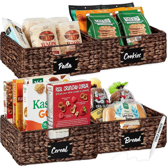 Best Choice Products Set of 4 13x12in Water Hyacinth Pantry Baskets, Woven Organizers w/Chalkboard Label, Chalk Marker - Brown