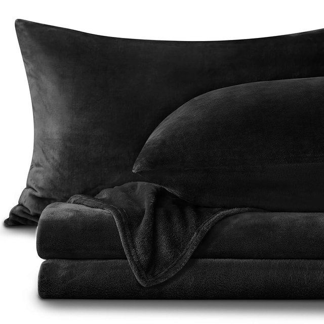 BEDELITE Flannel Sheets King Size Black - Super Soft Fleece Sheets Set Fluffy Extra Plush, 4 Piece(Include Fitted Sheet, Flat Sheet, 2 Pillowcases)
