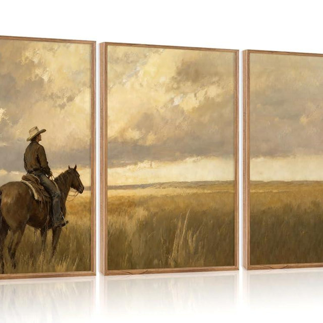 Aurlan Western Cowboy Framed Wall Art(24"x36"), 3PCS Vintage Neutral Southwestern Horse Riding Canvas Artwork, Mid Century Modern Ranch Gobi Desert Landscape Decor for Man Cave Bedroom