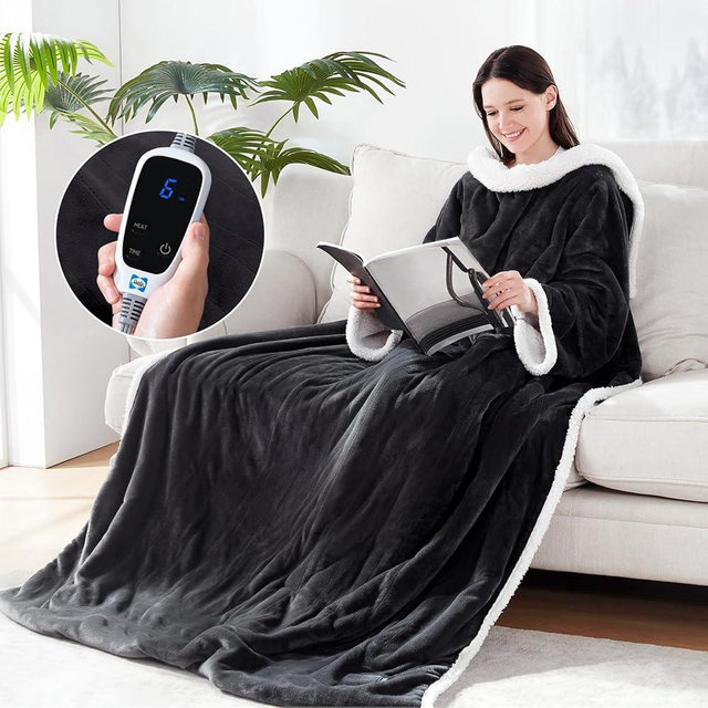 Sealy Electric Blanket Wearable with Foot Pocket, Electric Snuggle Blanket with Sleeves, Flannel & Sherpa Heating Throw with 6 Heat Settings & 2-10 Hours Auto Shut Off, 50 * 70"+18", Dark Grey
