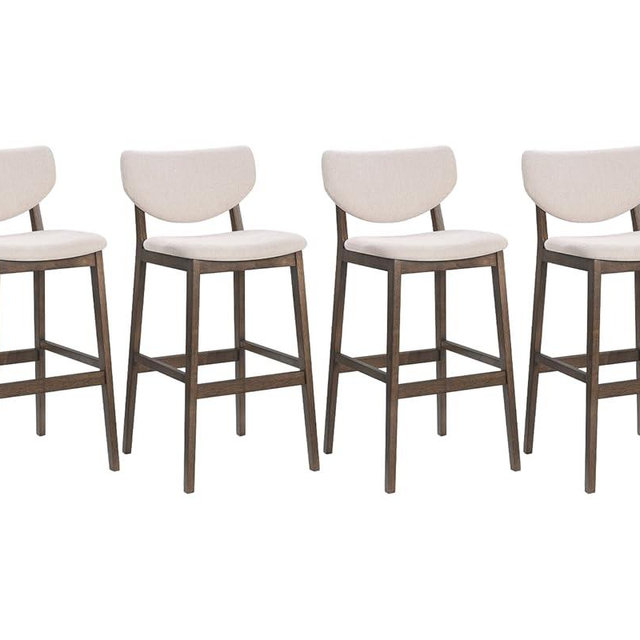 PrimeZone Bar Height Stools Set of 4-30 Inch Upholstered Barstools with Back & Rubber Wood Legs, Mid-Century Modern Counter Stool Chair for Kitchen Island, Dining Room, Walnut & Beige