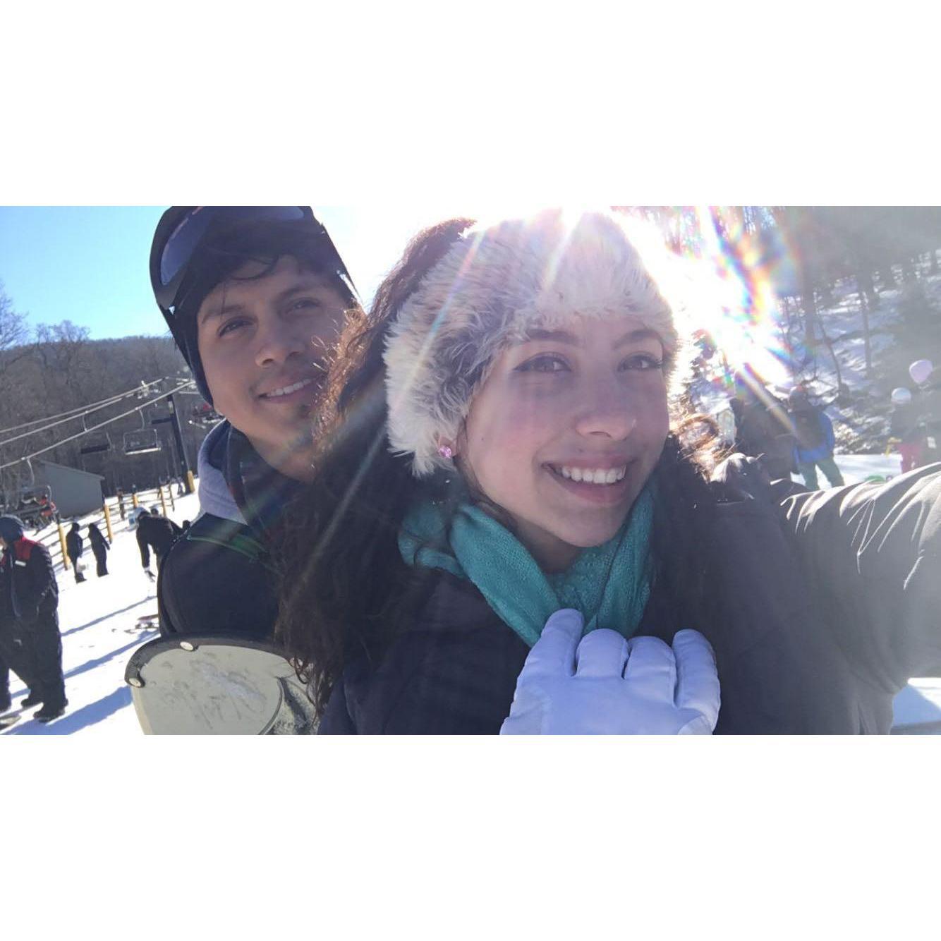 We love sports, and one of our favorites is Snowboarding. Juan asked Ka'iulani to be his girlfriend on our first trip and on our most recent one he proposed.