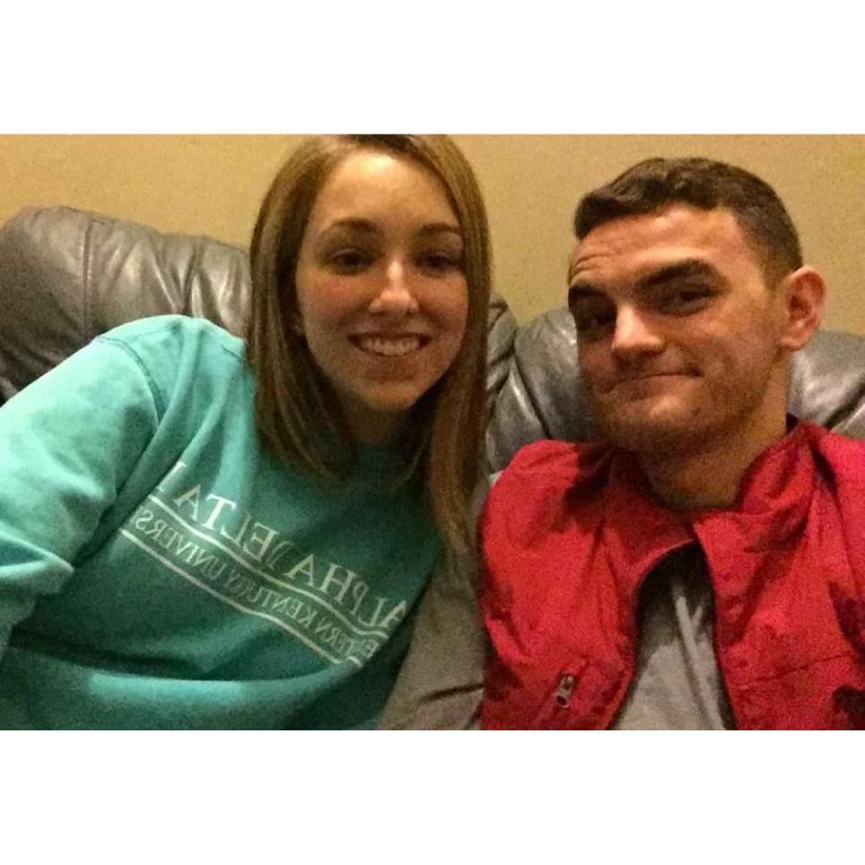 February 2016 // Harlaxton Manor // This is our first photo together. We are hanging out at "our spot" (the couch in the servants' stairwell).