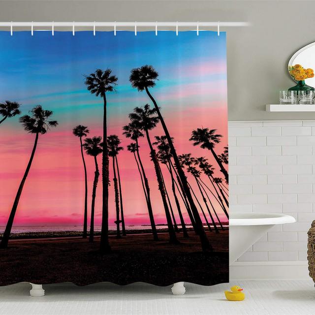 Ambesonne Palm Tree Decor Shower Curtain by, Tree Rows in Santa Barbara USA American Holiday Dreamy Heaven Dawn Image, Fabric Bathroom Decor Set with Hooks, 70 Inches, Pink Blue