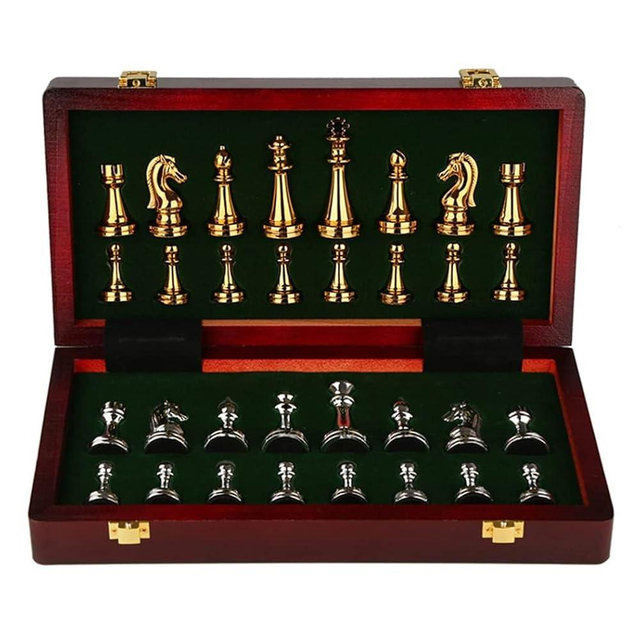 11Inch Large Deluxe Metal Chess Set - Portable Wooden Box with Alloy Pieces, Folding Board, Ideal for Adults