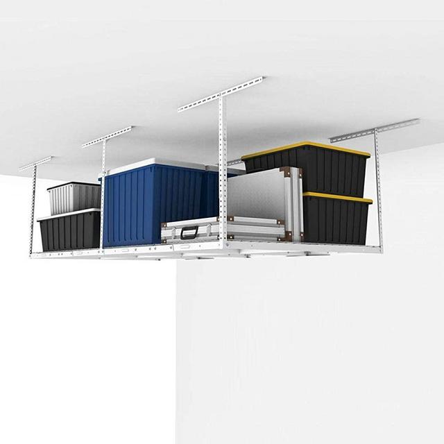 FLEXIMOUNTS 4x8 Overhead Garage Storage Rack Adjustable Ceiling Storage Rack Heavy Duty, 96" Length x 48" Width x (22.5''-40" Ceiling Dropdown), White