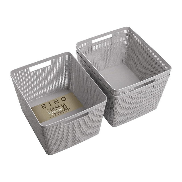 BINO | Woven Plastic Basket | Large (Natural Grey), 3-Pack | THE JUTE COLLECTION | Home Organization, Space - Saving Storage, Stylish Design | Jute Basket | Plastic Storage Basket