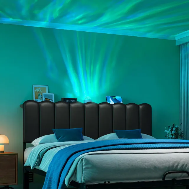 Pinmoco Full Size Upholstered Headboard with Storage Shelf, Type-C and USB Charging Ports, Modern Faux Leather Black, Aurora LED Lights