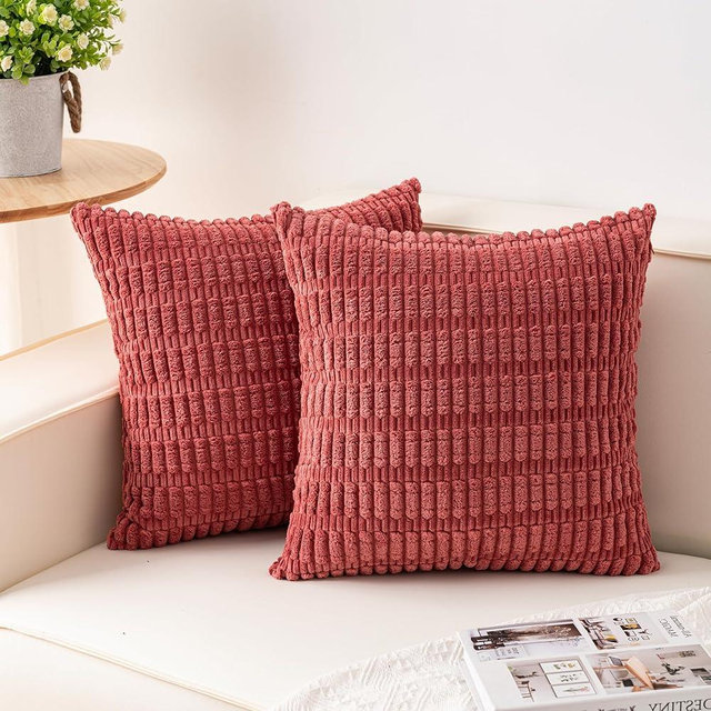 Aegero Pack of 2 Corduroy Decorative Throw Pillow Covers 18x18 InchSoft Boho Striped Pillow Covers Modern Farmhouse Home Decor for Sofa Living Room Couch Bed（Cranberry Red）