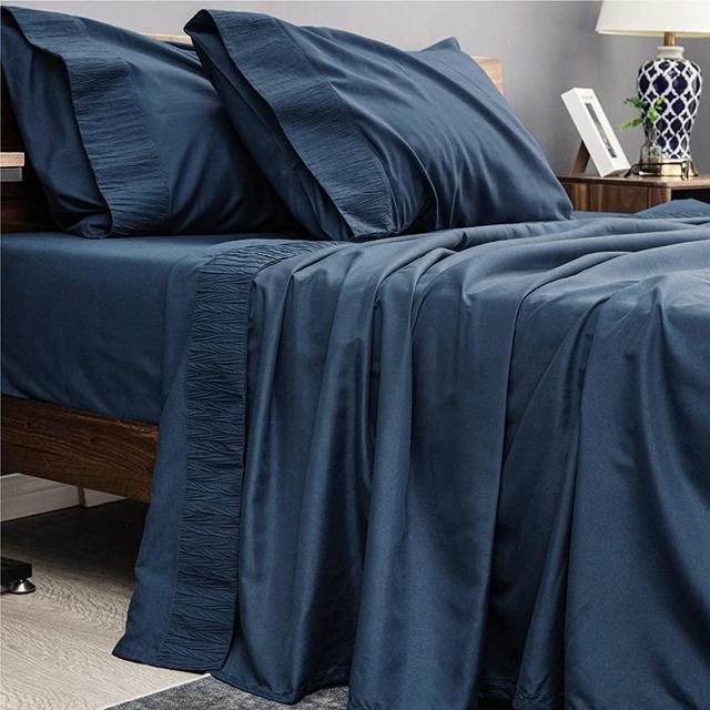 Bedsure Bed Sheet Set - Ruffled Embossed Navy Blue Bed Sheets - Soft Brushed Microfiber, Wrinkle Resistant Bedding Set - 1 Fitted Sheet, 1 Flat Sheet, 2 Pillowcases (Queen, Navy)