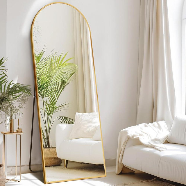 DUMOS Arched Full Length Mirror with Stand Floor Standing Aluminum Frame for Bedroom Body Hanging Leaning Modern Simple Home Decor Shatter-Proorf Nano Glass Wall Living Room Cloakroom Gold 59"x16"